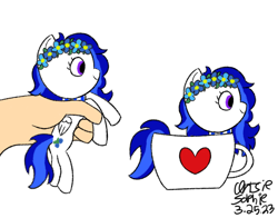 Size: 948x744 | Tagged: safe, artist:ideletedsystem64, oc, pegasus, pony, blue mane, commission, cup, female, floral head wreath, flower, heart, mare, pegasus oc, simple background, solo, teacup, white background, ych result