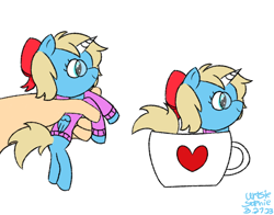 Size: 948x744 | Tagged: safe, artist:ideletedsystem64, oc, oc:astro heart, alicorn, pony, blonde mane, blue mane, bow, clothes, commission, cup, female, hair bow, heart, hoodie, mare, solo, teacup, ych result