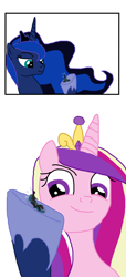 Size: 602x1325 | Tagged: safe, artist:final7darkness, princess cadance, princess luna, queen chrysalis, pony, comic:the shrunken changeling ruler, g4, 2 panel comic, comic, devious, devious smile, dreamworks face, eyebrows, giant pony, holding a pony, hoof shoes, in goliath's palm, looking at someone, macro, macro/micro, micro, raised eyebrow, scared, simple background, size difference, smiling, sweat, sweatdrops, terrified, underhoof, white background