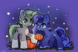 Size: 3000x2000 | Tagged: safe, artist:shelti, oc, oc only, earth pony, pony, unicorn, candy, coat markings, colored hooves, colored pupils, countershading, duo, duo male and female, female, food, grass, hallowee, happy, high res, male, mare, mouth hold, outdoors, pumpkin, smiling, socks (coat markings), stallion, standing, stars
