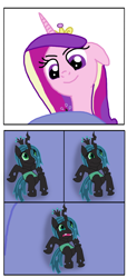 Size: 602x1325 | Tagged: safe, artist:final7darkness, princess cadance, princess luna, queen chrysalis, changeling, changeling queen, pony, comic:the shrunken changeling ruler, g4, crying, devious, devious smile, fangs, giant pony, hoof shoes, looking at someone, looking down, looking up, macro, macro/micro, micro, open mouth, scared, shrunk, simple background, teary eyes, terrified, underhoof, white background
