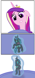 Size: 602x1325 | Tagged: safe, artist:final7darkness, princess cadance, princess luna, queen chrysalis, pony, comic:the shrunken changeling ruler, g4, crying, giant pony, glowing, hoof shoes, levitation, looking down, looking up, macro, macro/micro, magic, micro, simple background, size difference, teary eyes, telekinesis, white background, worried