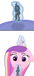 Size: 602x1325 | Tagged: safe, artist:final7darkness, princess cadance, queen chrysalis, pony, comic:the shrunken changeling ruler, g4, crying, giant pony, glowing, glowing horn, happy, holding a pony, hoof shoes, horn, levitation, looking down, looking up, macro, macro/micro, magic, micro, smiling, teary eyes, telekinesis, underhoof