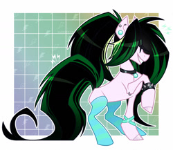 Size: 1500x1304 | Tagged: safe, artist:sadelinav, oc, oc only, earth pony, pony, bracelet, clothes, ear piercing, earring, earth pony oc, hair over eyes, jewelry, long mane, long tail, piercing, raised hoof, smiling, socks, solo, tail