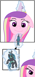 Size: 602x1325 | Tagged: safe, artist:final7darkness, princess cadance, queen chrysalis, changeling, changeling queen, comic:the shrunken changeling ruler, g4, devious, devious smile, evil smile, glowing, glowing horn, grin, happy, horn, jewelry, levitation, looking down, looking up, macro, macro/micro, magic, micro, oh no, purple eyes, regalia, smiling, telekinesis, you dun goofed