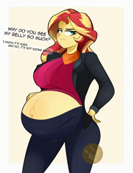 Size: 2000x2600 | Tagged: safe, alternate version, artist:diamondgreenanimat0, sunset shimmer, human, equestria girls, g4, belly, belly button, big belly, breasts, busty sunset shimmer, clothes, dialogue, female, hand on hip, high res, hips, hyper, hyper belly, hyper pregnancy, impossibly large belly, looking at you, outie belly button, pregnant, red hair, redraw, simple background, solo, sunset preggers, yellow background, yellow hair