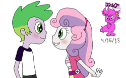 Size: 1024x639 | Tagged: safe, artist:stella-exquisa, spike, sweetie belle, human, equestria girls, g4, duo, female, humanized, male, ship:spikebelle, shipping, simple background, straight, white background