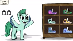 Size: 1920x1080 | Tagged: safe, artist:wamek, pipp petals, thunder flap, pegasus, pony, g5, male, raised hoof, shelves, shoes, sneakers, solo, stallion