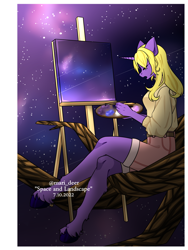 Size: 1500x2000 | Tagged: safe, artist:mari_deer, oc, unicorn, anthro, unguligrade anthro, easel, female, galaxy, paint palette, paintbrush, painting, palette, solo, space