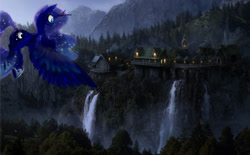 Size: 1135x704 | Tagged: safe, artist:dragontwi, princess luna, bird, g4, awesome, blue eyes, building, city, complex background, detailed, detailed background, ethereal mane, flying, forest, hoof shoes, lights, looking at something, mountain, mountain range, scenery, scenery porn, spread wings, starry mane, town, water, waterfall, wavy mane, wings