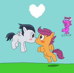 Size: 1024x1002 | Tagged: safe, artist:stella-exquisa, rumble, scootaloo, pegasus, pony, g4, blushing, cloud, female, grass, grass field, heart, heart shaped, male, scootaloo can fly, ship:rumbloo, shipping, simple background, sky, straight
