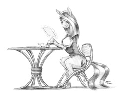 Size: 1024x770 | Tagged: safe, artist:baron engel, oc, oc only, oc:purple marten, pony, unicorn, chair, glowing, glowing horn, grayscale, hair over one eye, horn, levitation, looking at you, magic, monochrome, pencil drawing, plate, realistic, realistic horse legs, signature, simple background, solo, story in the source, table, telekinesis, traditional art, white background