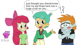 Size: 1024x590 | Tagged: safe, artist:stella-exquisa, apple bloom, snails, snips, human, equestria girls, g4, blushing, dialogue, embarrassed, female, gesture, male, shipper on deck, shipping, simple background, snipsbloom, straight, trio, white background