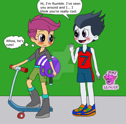 Size: 1024x1012 | Tagged: safe, artist:stella-exquisa, rumble, scootaloo, human, equestria girls, g4, blushing, dialogue, duo, equestria girls-ified, female, helmet, male, scooter, ship:rumbloo, shipping, simple background, straight, thought bubble