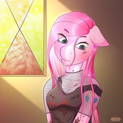 Size: 3000x3000 | Tagged: safe, artist:srfeh2321, pinkie pie, earth pony, anthro, g4, blood, crepuscular rays, eyebrows, eyebrows visible through hair, female, fishnet clothing, floppy ears, frown, high res, pinkamena diane pie, solo, stained glass, window