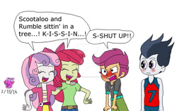 Size: 1024x649 | Tagged: safe, artist:stella-exquisa, apple bloom, rumble, scootaloo, sweetie belle, human, equestria girls, g4, blushing, cutie mark crusaders, deviantart watermark, embarrassed, equestria girls-ified, female, group, male, mocking, obtrusive watermark, quartet, ship:rumbloo, shipper on deck, shipping, simple background, singing, straight, watermark, white background
