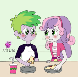 Size: 1024x1013 | Tagged: safe, artist:stella-exquisa, spike, sweetie belle, human, equestria girls, g4, alternate design, blushing, cup, date, deviantart watermark, duo, female, food, human spike, humanized, lunch, male, obtrusive watermark, pizza, plate, ship:spikebelle, shipping, simple background, straight, straw, table, watermark