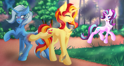 Size: 3767x2000 | Tagged: safe, artist:mari_deer, starlight glimmer, sunset shimmer, trixie, pony, unicorn, g4, blushing, eye clipping through hair, eyes closed, forest, grass, grass field, high res, kicking, looking back, open mouth, tongue out, tree, trio, trixie gets all the mares