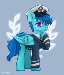 Size: 1713x2000 | Tagged: safe, artist:shelti, oc, oc only, pegasus, pony, blue background, clothes, colored pupils, commission, folded wings, frown, hat, hoof on chest, long sleeves, male, necktie, sailor hat, sailor suit, simple background, solo, stallion, standing, wings