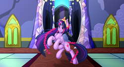 Size: 3676x2000 | Tagged: safe, artist:mari_deer, twilight sparkle, alicorn, pony, g4, alternate hairstyle, braid, braided ponytail, braided tail, concave belly, crown, female, high res, indoors, jewelry, long mane, mare, ponytail, rearing, regalia, slender, solo, tail, thin, twilight sparkle (alicorn), twilight's castle