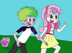 Size: 1024x759 | Tagged: safe, artist:stella-exquisa, spike, sweetie belle, human, equestria girls, g4, alternate design, blushing, deviantart watermark, duo, female, grass, grass field, holding hands, humanized, male, obtrusive watermark, running, ship:spikebelle, shipping, simple background, sky, straight, watermark