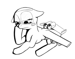 Size: 1937x1522 | Tagged: artist needed, safe, oc, oc only, oc:blitz, original species, plane pony, a-10 thunderbolt ii, bored, hoof on cheek, looking down, lying down, monochrome, outlines only, plane, prone, simple background, solo, white background