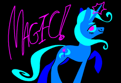 Size: 1316x900 | Tagged: safe, artist:msponies, trixie, pony, unicorn, g4, black background, eyes open, februpony, female, glowing, glowing horn, horn, looking at you, magic, magic aura, mare, ms paint, raised hoof, simple background, smiling, solo, text