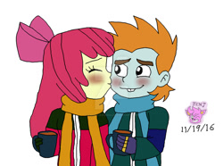 Size: 1024x763 | Tagged: safe, artist:stella-exquisa, apple bloom, snips, human, equestria girls, g4, blushing, cheek kiss, chocolate, clothes, deviantart watermark, duo, eyes closed, female, food, hot chocolate, humanized, kissing, male, obtrusive watermark, scarf, shipping, simple background, snipsbloom, straight, watermark, white background