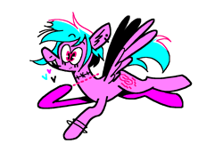 Size: 1316x900 | Tagged: safe, artist:msponies, oc, oc only, oc:cassettepony, pegasus, pony, bracelet, ear piercing, fangs, februpony, female, floating heart, flying, heart, jewelry, mare, ms paint, necklace, open mouth, open smile, piercing, simple background, smiling, solo, spread wings, stitches, tail, white background, wings