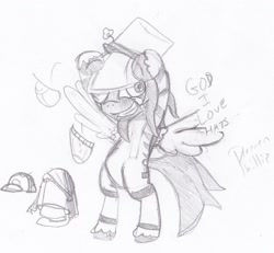 Size: 1614x1493 | Tagged: safe, artist:phillnana, oc, pegasus, pony, clothes, dialogue, hat, solo, spread wings, wings