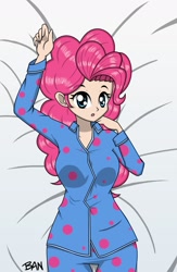 Size: 1561x2392 | Tagged: safe, artist:banquo0, pinkie pie, human, g4, bed, breasts, busty pinkie pie, clothes, eyebrows, eyebrows visible through hair, female, humanized, looking at you, open mouth, pajamas, solo