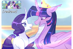 Size: 1280x865 | Tagged: safe, artist:fourteennails, rarity, twilight sparkle, alicorn, pony, unicorn, g4, my little pony: the movie, crown, deviantart watermark, female, height difference, hoof on chin, jewelry, looking at each other, looking at someone, mare, obtrusive watermark, open mouth, open smile, redraw, regalia, scene interpretation, screencap reference, smiling, twilight sparkle (alicorn), watermark