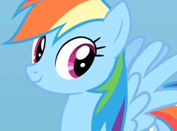 Size: 1400x1035 | Tagged: safe, screencap, rainbow dash, pegasus, pony, g4, season 1, sonic rainboom (episode), cloud, cloudsdale, cropped, cute, dashabetes, female, mare, sky, smiling, solo, spread wings, wings