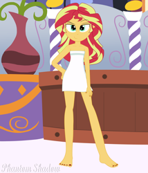 Size: 2000x2340 | Tagged: safe, artist:phantomshadow051, sunset shimmer, human, equestria girls, g4, barefoot, eyebrows, feet, female, high res, naked towel, raised eyebrow, requested art, smiling, smirk, solo, spa, towel, watermark