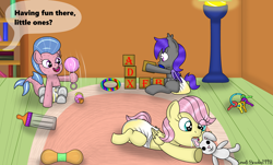 Size: 5030x3030 | Tagged: safe, alternate version, artist:small-brooke1998, fluttershy, oc, oc:peach watermelon, bat pony, pegasus, pony, seapony (g4), age regression, baby bottle, commission, cubes, diaper, drool, foal, followup, key, non-baby in diaper, offscreen character, pacifier, rattle, seapony oc, speech bubble, teething, toy, wet diaper, younger