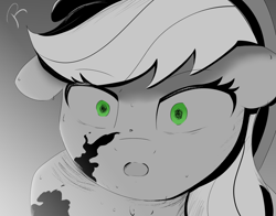 Size: 1380x1080 | Tagged: safe, artist:reinbou, applejack, earth pony, pony, g4, blood, light, manga style, monochrome, scared, simple background, solo