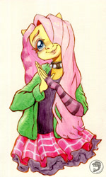 Size: 2996x4977 | Tagged: safe, artist:invalid-david, fluttershy, anthro, dtiys emoflat, g4, clothes, collar, draw this in your style, evening gloves, fingerless elbow gloves, fingerless gloves, gloves, hair over one eye, hands together, long gloves, painting, solo, spiked collar, striped gloves, traditional art, watercolor painting