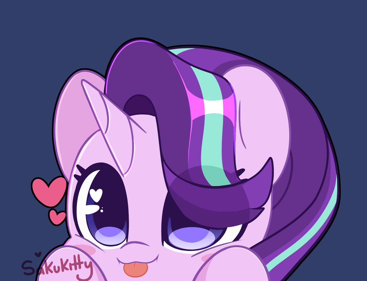 [:p,blushing,cute,female,heart,heart eyes,looking at you,mare,pony,safe,signature,silly,simple background,solo,unicorn,wingding eyes,tongue out,eye clipping through hair,starlight glimmer,glimmerbetes,blue background,blush sticker,mlem,artist:sakukitty]
