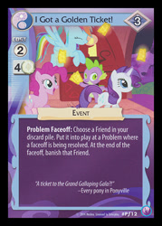 Size: 344x480 | Tagged: safe, enterplay, pinkie pie, rainbow dash, rarity, spike, pony, canterlot nights, g4, my little pony collectible card game, the ticket master, ccg, merchandise, ticket, trading card