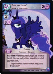 Size: 344x480 | Tagged: safe, enterplay, princess luna, alicorn, pony, canterlot nights, g4, my little pony collectible card game, ccg, horn, jewelry, merchandise, moon, peytral, raised hoof, regalia, solo, spread wings, tail, tiara, trading card, wings