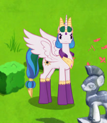 Size: 367x420 | Tagged: safe, gameloft, idw, screencap, princess celestia, alicorn, pony, g4, my little pony: magic princess, reflections, evil celestia, evil counterpart, looking at you, mirror universe, statue