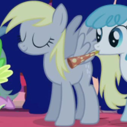 Size: 338x338 | Tagged: safe, screencap, derpy hooves, lightning bolt, spike, white lightning, pegasus, pony, friendship is magic, g4, background character, background pony, cropped, eyes closed, female, mare, party horn, solo focus, spread wings, wings
