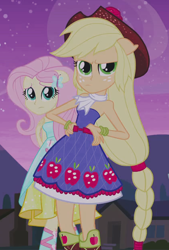 Size: 420x620 | Tagged: safe, screencap, applejack, fluttershy, human, equestria girls, g4, my little pony equestria girls, bare shoulders, clothes, dress, duo, duo female, fall formal outfits, female, skinny, sleeveless, strapless, thin