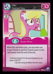 Size: 344x480 | Tagged: safe, enterplay, lily, lily valley, earth pony, pony, canterlot nights, g4, my little pony collectible card game, the cutie pox, ccg, female, mare, merchandise, open mouth, scared, solo