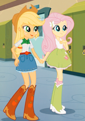 Size: 400x573 | Tagged: safe, screencap, applejack, fluttershy, human, equestria girls, g4, applejack's hat, boots, clothes, cowboy boots, cowboy hat, denim, denim skirt, duo, female, hat, long socks, miniskirt, school, shoes, skinny, skirt, thin