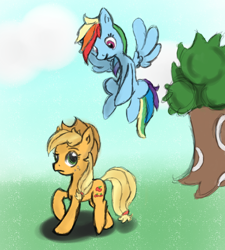 Size: 1436x1597 | Tagged: safe, artist:phillnana, applejack, rainbow dash, earth pony, pegasus, pony, g4, duo, flying, grass, sketch, spread wings, tree, wings