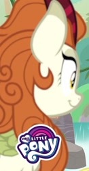Size: 376x720 | Tagged: safe, screencap, autumn blaze, kirin, g4, sounds of silence, cropped, female, my little pony logo, smiling, solo, water, waterfall
