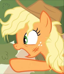 Size: 362x415 | Tagged: safe, screencap, applejack, earth pony, pony, g4, sounds of silence, cropped, hat, messy mane, solo