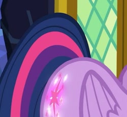 Size: 451x415 | Tagged: safe, screencap, twilight sparkle, alicorn, pony, g4, my little pony: friendship is magic, the hooffields and mccolts, cropped, cutie mark, glowing cutie mark, solo, twilight sparkle (alicorn), twilight's castle, window