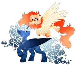 Size: 6918x5917 | Tagged: safe, artist:crazysketch101, oc, oc only, oc:abyss deep, oc:phoenix bright, alicorn, fish, pony, flying, simple background, standing, transparent background